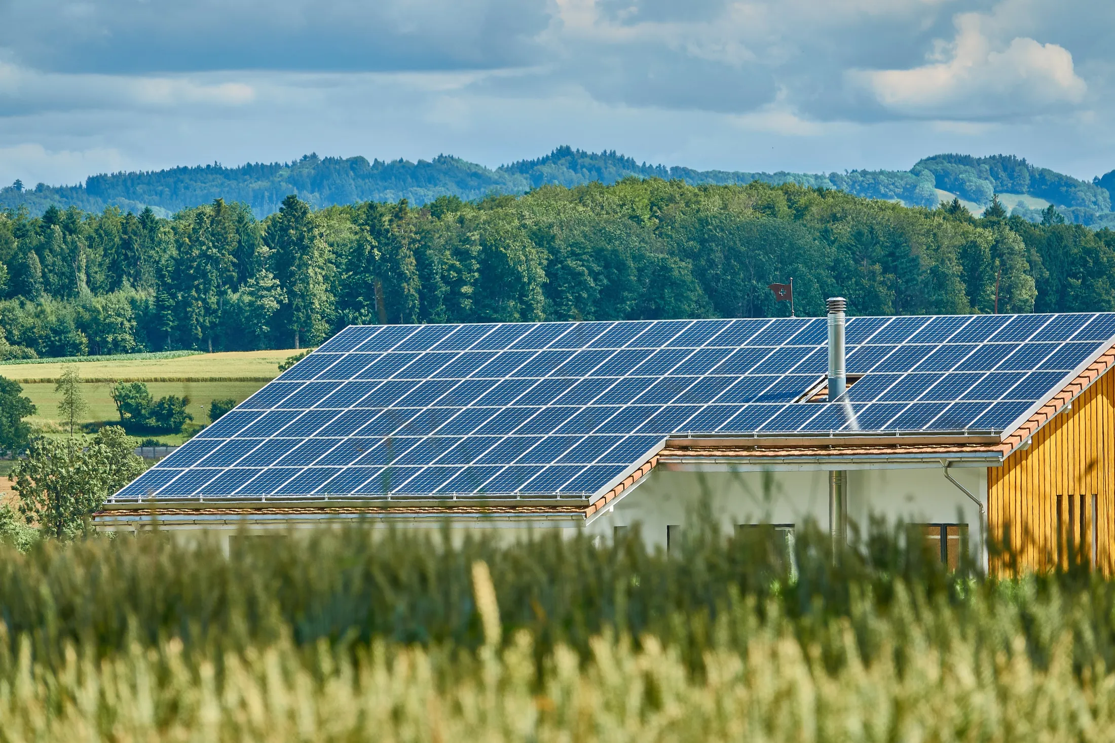 Wohnhaus mit voll belegter Photovoltaikanlage auf dem Satteldach, davor ein Getreidefeld, im Hintergrund Wald und bewaldete Hügel.